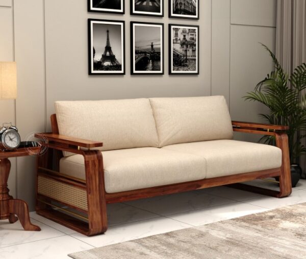 Modern 3-Seater Sofa in Sheesham Wood with Honey Finish - Image 3